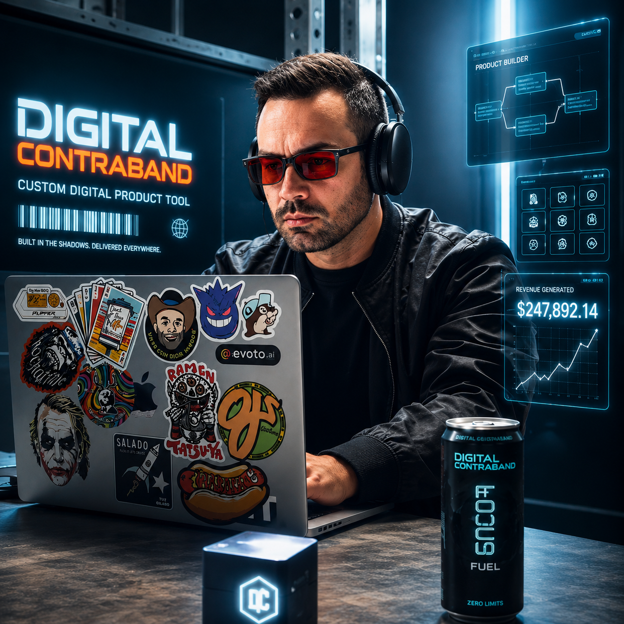 The founder of Contraband Income building custom digital products on a sticker-covered laptop
